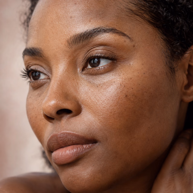 Gros plan du visage sous une lumière douce, texture de la joue visible