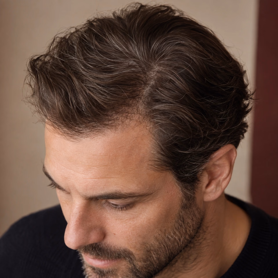Portrait en plongée légère, implantation des cheveux et cuir chevelu